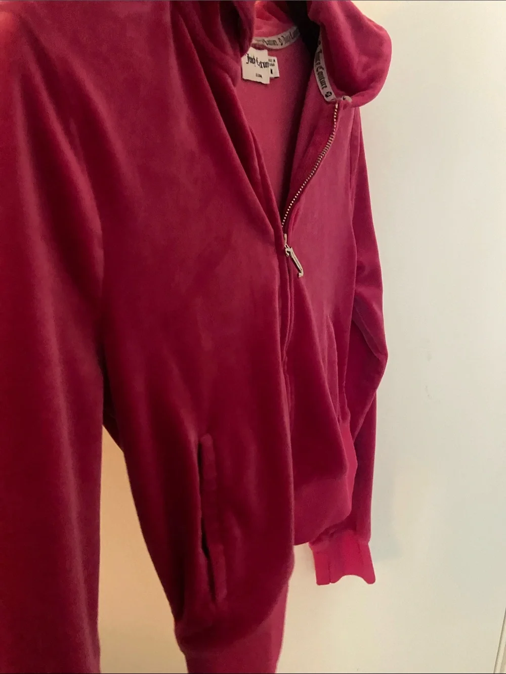 Juicy Couture Raspberry Velour Hoodie with Rhinestone Logo
